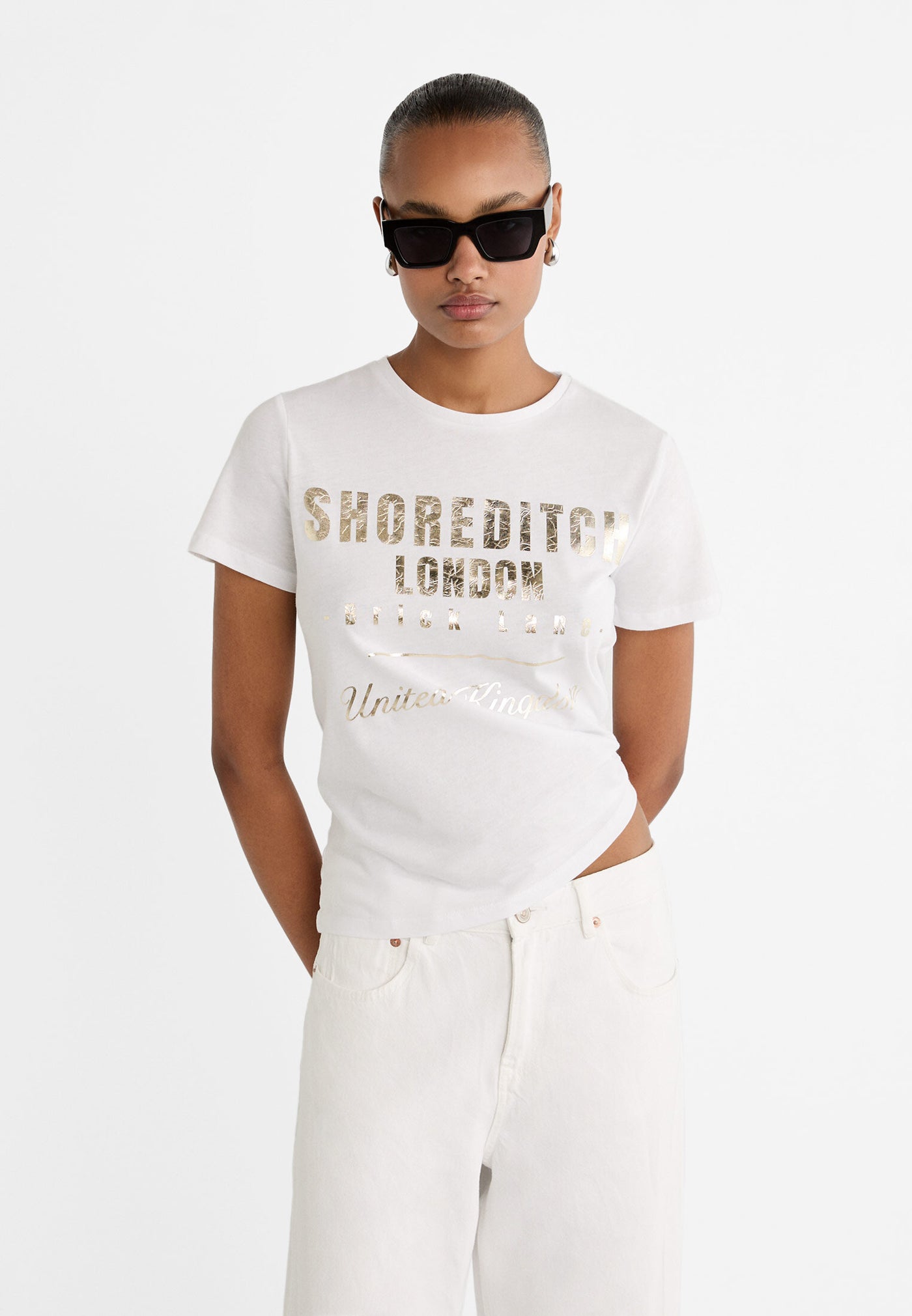 STRADIVARIUS Metalik Yazılı Tshirt