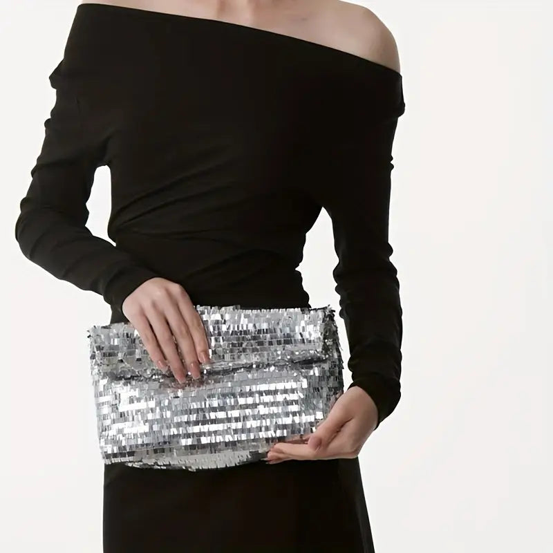 Gümüş Rengi Pullu Katlanabilir Clutch