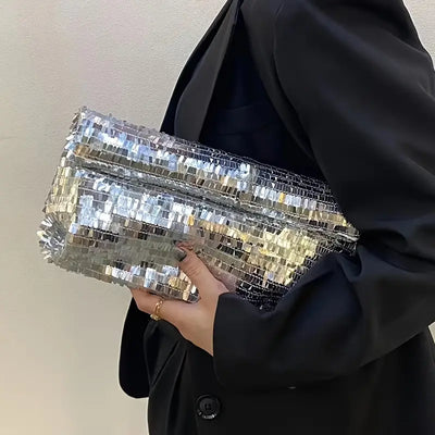 Gümüş Rengi Pullu Katlanabilir Clutch