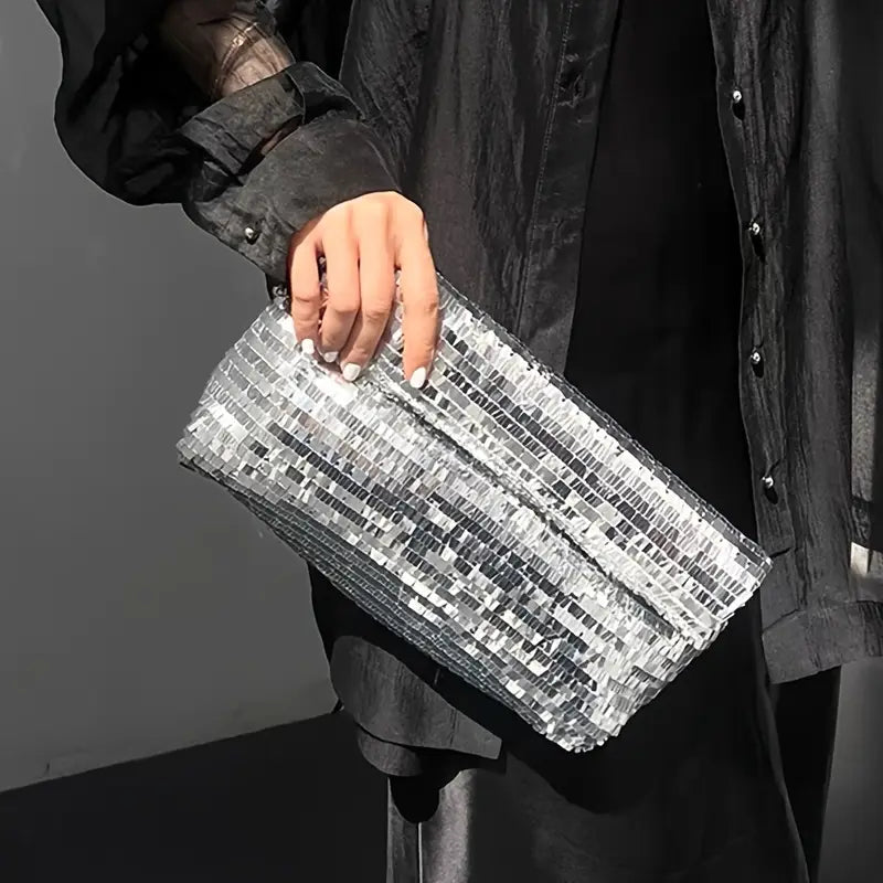 Gümüş Rengi Pullu Katlanabilir Clutch