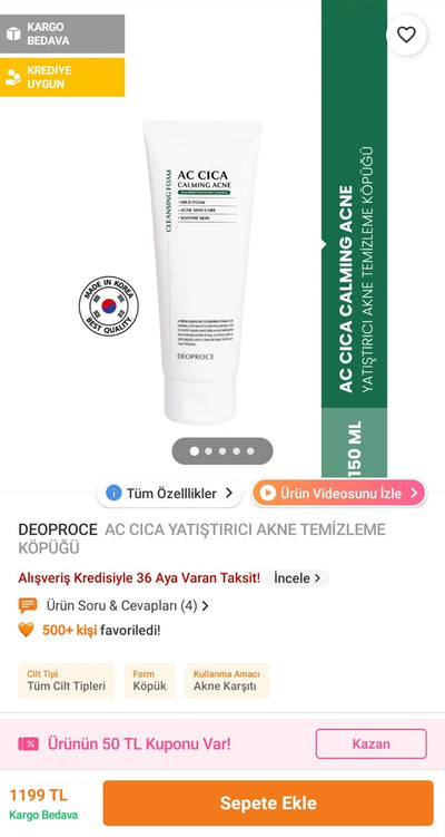 DEOPROCE AC CICA Yatıştırıcı Akne Temizleme Köpüğü