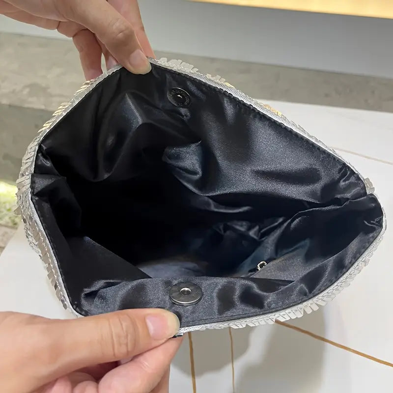 Gümüş Rengi Pullu Katlanabilir Clutch